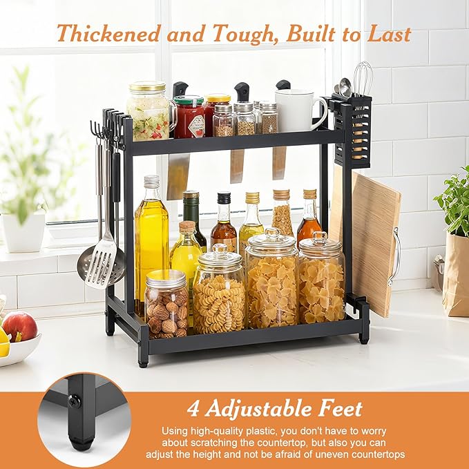 Countertop Spice Rack Organizer 2-Tier Seasoning Organizer with Metal Guardrail Design Suitable for Kitchen/Stovetop/Kitchen Island/Corner, Spice Rack Includes Basket, Hooks, and Pot Lid Holder