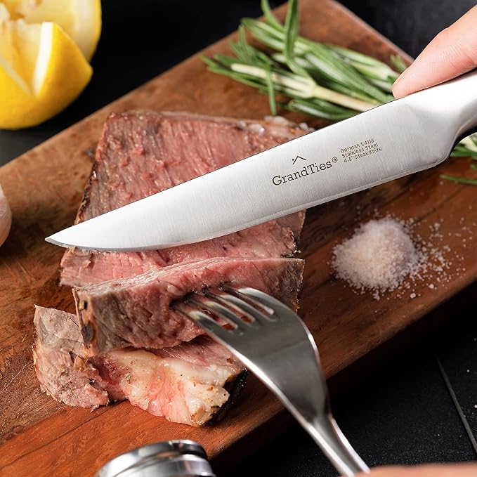 GRANDTIES FEINSTE Ultra Sharp Steak Knives Set of 4 – High Carbon German Stainless Steel, Non-Serrated, Full Tang – Premium Dinnerware Gift Set with Designed Gift Box