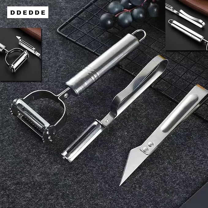 3-Piece Kitchen Peeler & Prep Set: Y Peeler, Straight Peeler & Poultry/Fish Tool with Non-Slip Comfort Handles for Peeling, Grating, De-Boning, De-Feathering Fruits, Vegetables, Potato, Chicken