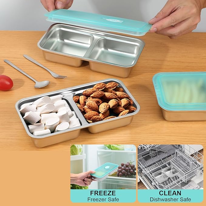 KITHELP 4 Pcs Grab and Go Snack Containers Reusable with Lids, Stainless Steel Double Compartment Snack Containers with 2 Forks 2 Spoons and 2 Salad Dressing Container, for Camping, Lunch, Dessert