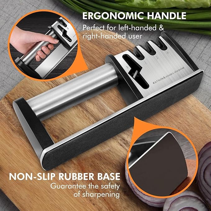 Kitchen Knife Sharpener – 4-in-1 Knife Sharpening System for Scissors, Knives, Blades – Sharpening Tool with Ergonomic Handle and Anti-Slip Base – Tungsten Steel Blade Sharpener