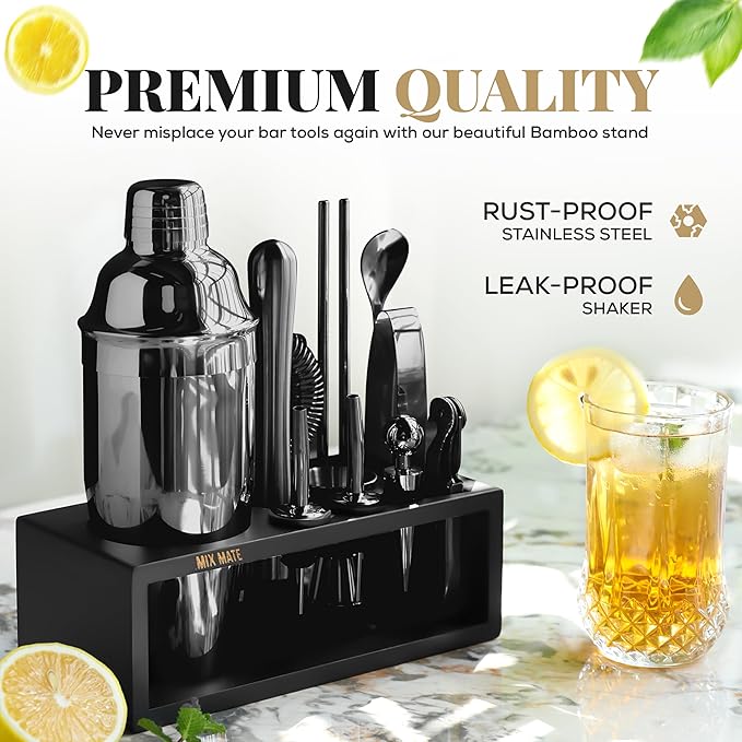 Black Stainless Steel Cocktail Shaker Set with Wood Stand - 15 Piece Bartender Kit with Drink Shaker, Bar Spoon, Jigger, Muddler, Strainer, Bottle Opener, Stopper, Pour Spout, Stirrers, Tongs, Recipes