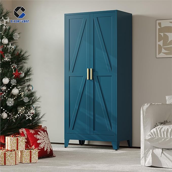 COFaR 71 in Tall Metal Storage Cabinet, Metal Cabinet with 3 Adjustable Shelves and Barn Doors, Farmhouse Cupboard Storage for Kitchen Pantry Garage, Peacock Blue 5-Tier