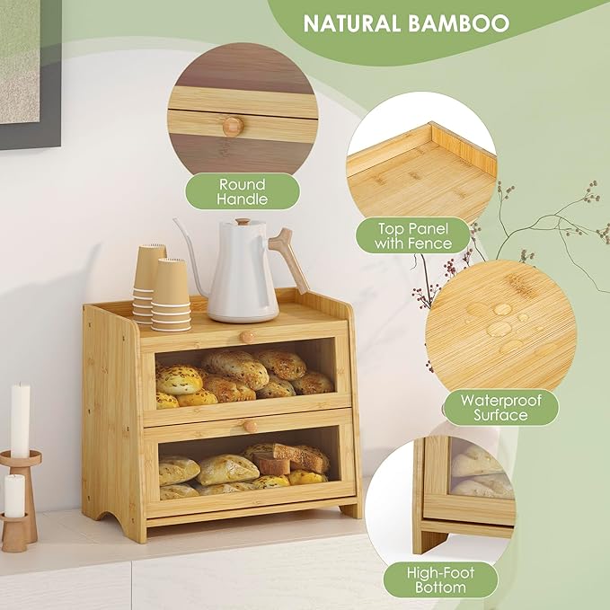 Double Layer Bread Box for Kitchen Countertop, Large Breadbox Bread Container Storage with Windows, Wooden Farmhouse Bread Holder (Natural Bamboo)