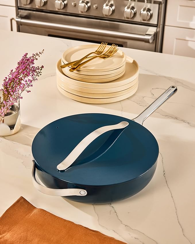 Caraway Nonstick Ceramic Sauté Pan with Lid (4.5 qt, 11.8") - Non Toxic, PTFE & PFOA Free - Oven Safe & Compatible with All Stovetops (Gas, Electric & Induction) - Cream