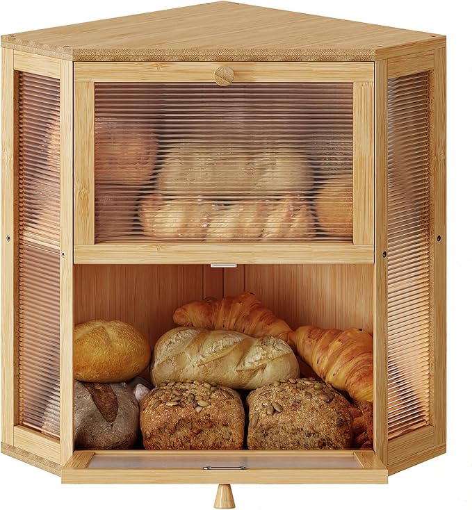 WOWLIVE Corner Bread Box for Kitchen Countertop, Double Layer Bamboo Bread Storage Container, Large Farmhouse Bread box with Acrylic Wavy Door Panel, Under Cabinet Organizer (Natural, Extra Large)