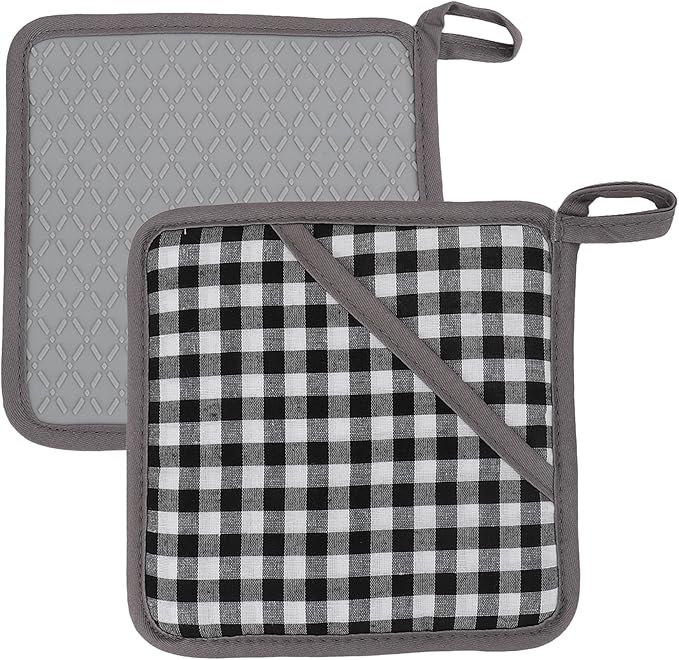 Pot Holders for Kitchen 2 Pack Heat Resistant Hot Pads for Kitchen Counter Decor, Silicone Non-Slip Hot Pads with Soft Cotton Lining Pot Holder Trivets for Kitchens Oven Cooking Baking Pans,Gray Plaid