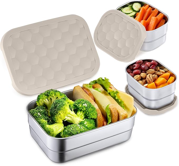 Homikit 3 Pack Kids Lunch Box Set, 18/10 Stainless Steel Bento Boxes with Silicone Lids Leak Proof, 5 Cups Reusable Metal Food Snack Containers for School Daycare, Nontoxic & Dishwasher Safe, Khaki