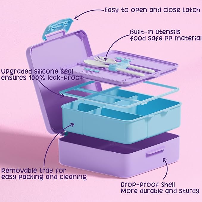 Fimibuke Bento Lunch Box for Kids, Leak Proof Toddler Bento Box with 4 Compartments BPA Free Dishwasher Safe Lunch Container with Utensils, Ideal Portion Sizes for Ages 3-12 Girls Boys for School