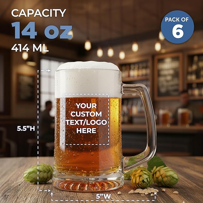 DISCOUNT PROMOS Custom ARC Glass Beer Mugs 14 oz. Set of 6, Personalized Bulk Pack - Great for Octoberfest, Pub, Restaurant - Clear