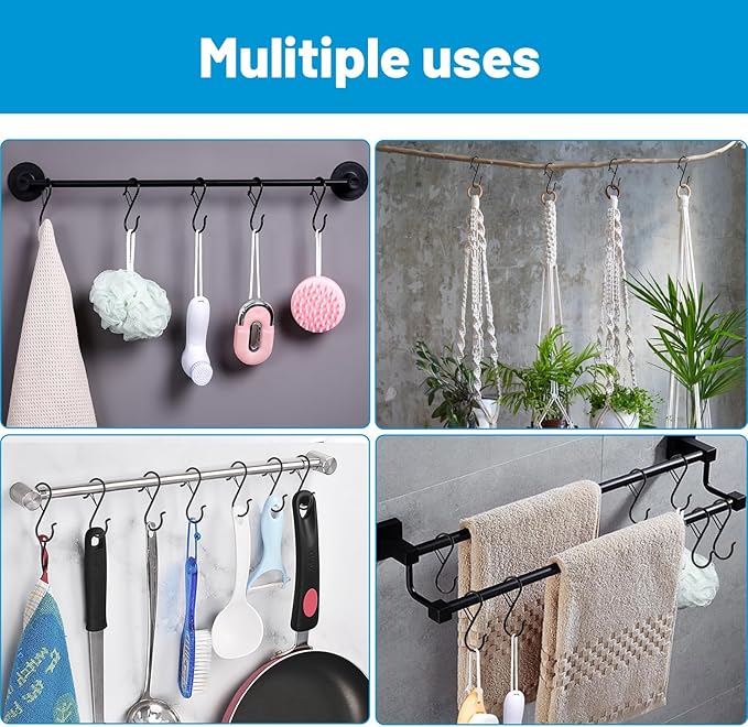 17 Pcs S Hooks for Hanging Safety Buckle, 3.5 Inch Stainless Steel S Shaped Locking Hooks for Colleague Dorm, Kitchen, Plants Pots Towels Bags, Black