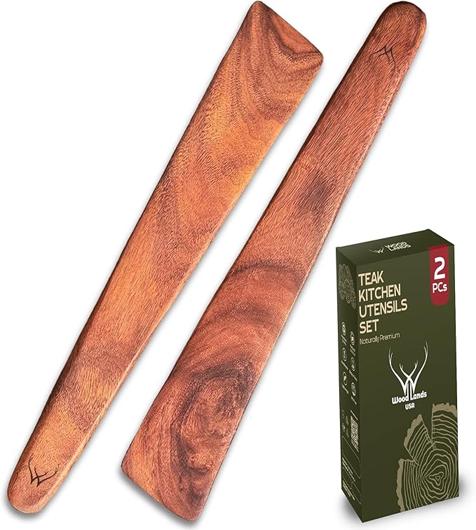 12 Inch Wooden Spatula for Cooking Set of 2 Pcs, Natural Teak Spatula - Non-Stick, Long Handle