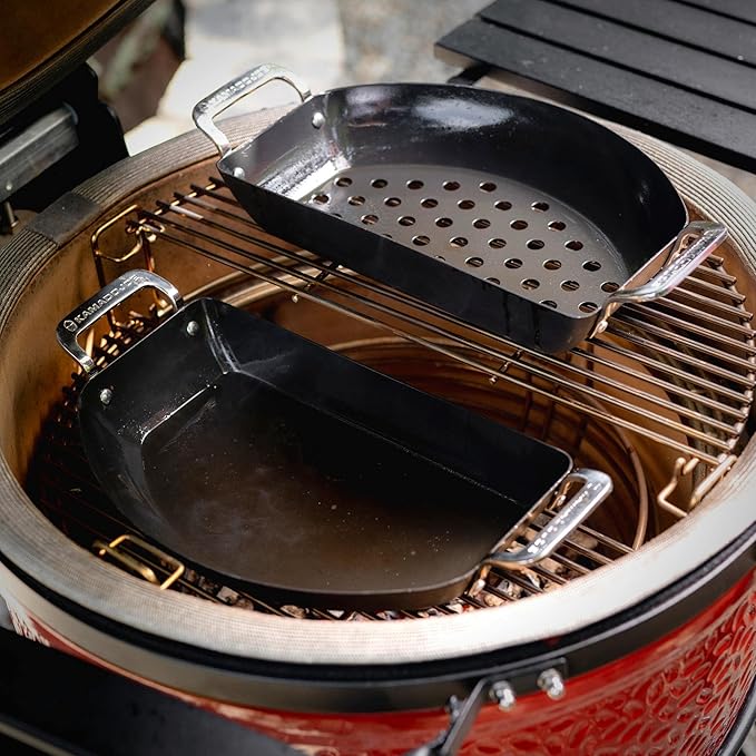 Kamado Joe Karbon Steel Pre-Seasoned Carbon Steel Non-Stick Half-Moon Pans with One Solid Pan and One Perforated Pan for Classic Joe and Big Joe Kamado Grills, Model KJ15124822