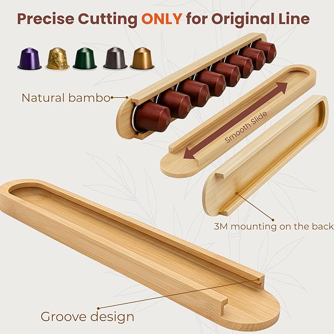 Bamboo Coffee Pod Holder, Adhesive Wall Mount for Cabinet Door, 36-Capsule Storage (Set of 4) — Vertical/Horizontal — Compatible with Nespresso Original Line-Bamboo Brown