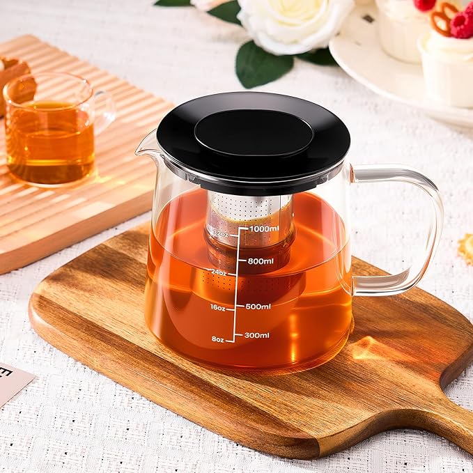 PARACITY Glass Teapot Stovetop 33oz/1000ml, Tea pot with Removable 18/8 Stainless Steel Infuser, Borosilicate Clear Tea Kettle, Teapot Blooming and Loose Leaf Tea Maker Tea Brewer for Camping