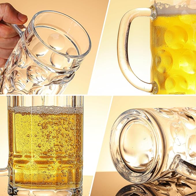 20oz Large Heavy e Glass Beer Mugs for Freezer Set of 4 with Handle, Large Glass Beer Stein, Beer Cup Mug for Water, Drinks, Lead-Free Glasses for Men in Pub, Home