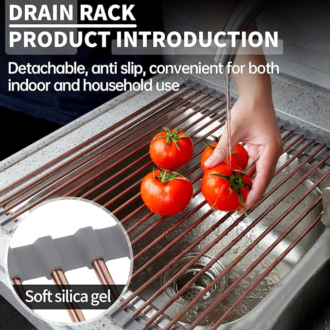15.74" x 17"Large Roll Up Dish Drying Rack Over The Sink Dish Drying Rack,Stainless Steel Multipurpose Foldable Dish Drying Rack with Anti-Slip Silicone for Kitchen Counter Drainer,Rose Gold