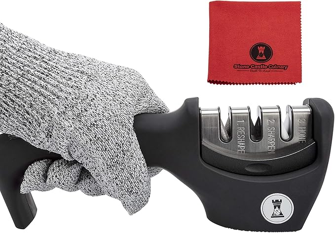 Knife Sharpeners for Steel and Ceramic Kitchen Knives - Manual Handheld System to Safely Sharpen and Hone your Knife - Includes Cut Resistant Glove and Blade Cloth (Black)