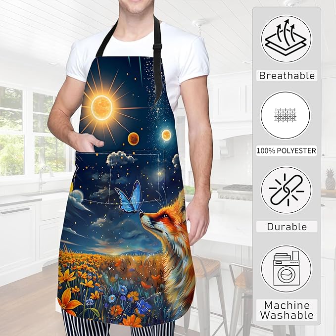 Fox Butterfly Apron,Oxford Fabric Adjustable Kitchen Apron with 2 Pockets,Waterproof Cooking Aprons for Men Women Mom Wife Dad,Ideal Gifts for Coffee,Shop,Baking,BBQ,Housewarming,28x33in