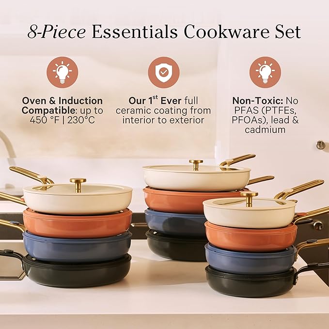 Our Place 8-Piece Essentials Complete Cookware Set - Ceramic Fry Pan Trio & Modular Rack Storage | Nontoxic Thermakind™ Nonstick, Oven Safe up to 450°F & Compatible with All Cooktops | Terracotta
