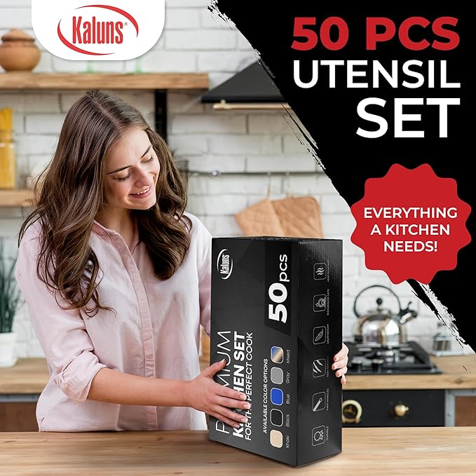 Kaluns 50 PCS Silicone Kitchen Utensils Set Complete Kitchen Set - 800°F Heat Resistant Non-Stick Premium Cooking Utensils W Wooden Handles - Can Opener, Masher, Turner, Silicone Spatula Set