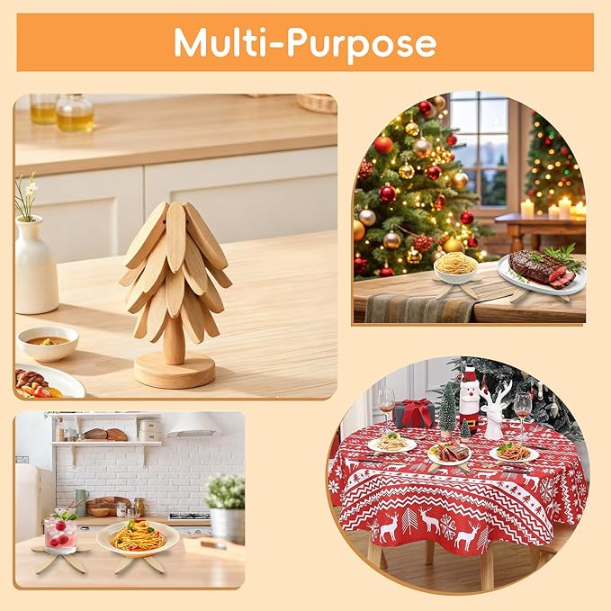Wooden Trivets for Hot Dishes, Wooden Tree Trivet Set, Natural Tree Trivet Set - Foldable Coasters for Kitchen Counter, Hot Pots and Pans, Heat Resistant Table Protectors