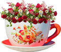 7.5" Round Ceramic Teacup Shape Planter Pot with Saucer for Succulents Orchids Herbs Cactus Indoor Houseplants Flowers for Home Garden and Event Decor – Orange Poppy Floral