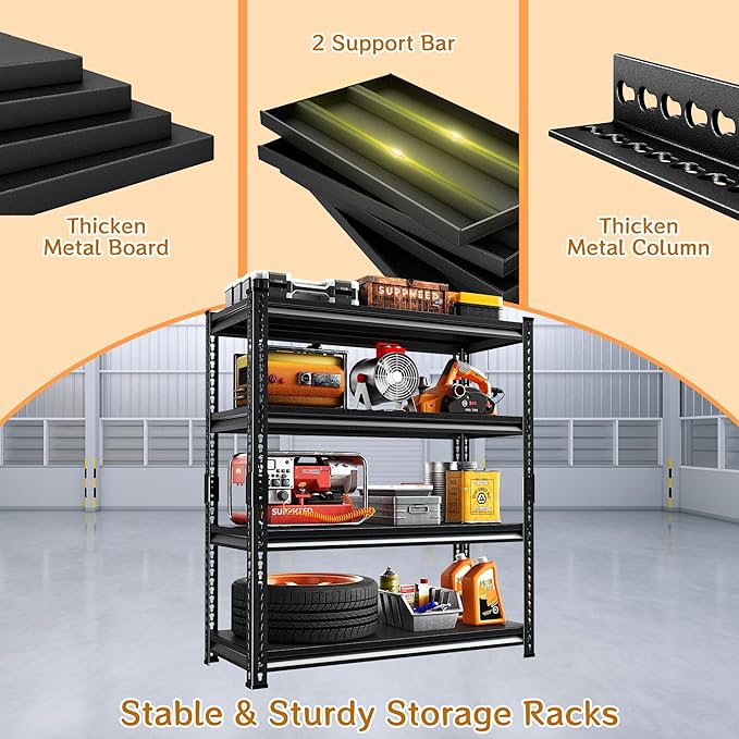 48''W Utility Garage Shelves: 2,000Lbs Heavy Duty Steel Metal Adjustable Shelving Storage Industrial Rack Units 4 Tier Black 48" W x 16" D x 66" H