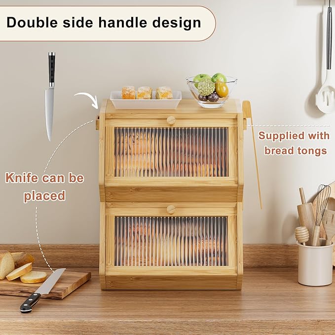 WOWLIVE Double Layer Bread Box for Kitchen Countertop, Large Bamboo Bread Storage Container for Homemade Bread, Farmhouse Bread Holder for Kitchen Counter Cabinet, Pantry, Cupboard (Natural, Medium)