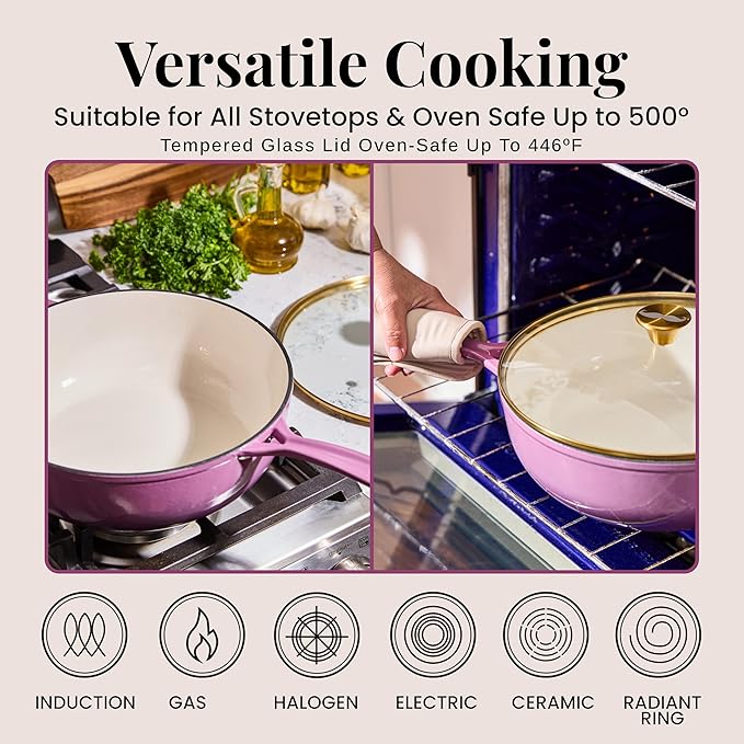 Chef Joe Sasto Chef’s Pan with Tempered Glass Lid, Deep Saute Pan, Enameled Cast Iron, Professional Cookware for Searing, Sautéing & Braising, Induction Compatible, Oven Safe, Dishwasher Safe