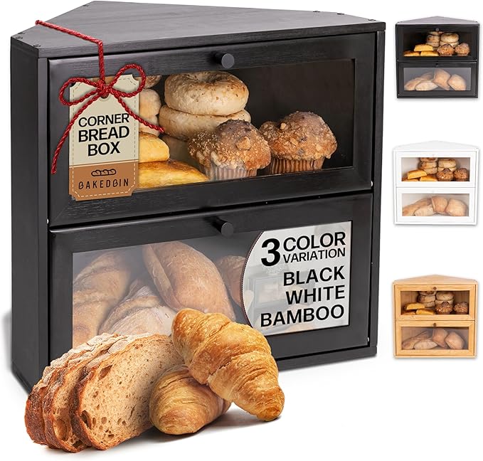 Corner Bread Box for Kitchen Countertop - New 2025 Airtight Design - Extra Large, Double Layer Black BreadBox, Vintage Storage for Homemade Bread, Under Cabinet Organizer