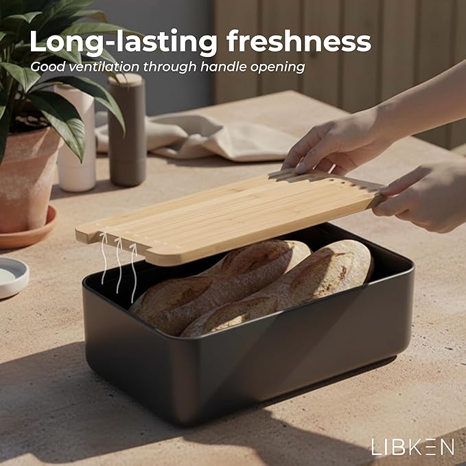 Bread Box – Extra Thick Steel Bread Bin with Bamboo Cutting Board Lid & Drawstring Bread Bag - Modern Scandinavian Metal Box for Kitchen Countertop, Sourdough & Homemade Bread - Black