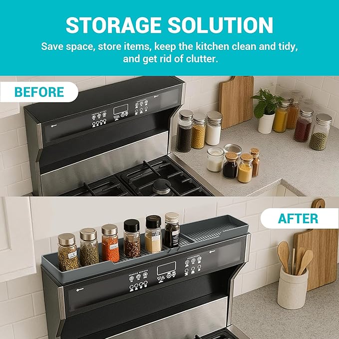 30" Stove Top Shelf, Soft and Heat Resistant,With 6 Suction Points,Fixed 3 Compartment Design For Storing Spices And Cooking Tools, Space Saving, Suitable For The Back Of The Stove,Grey.