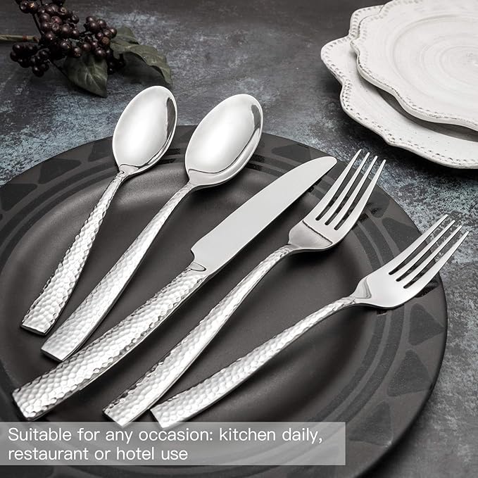 Hand Forged Stainless Steel Flatware Set Silverware Set Cutlery Set Hammered Pattern 5 Pieces Service for 1