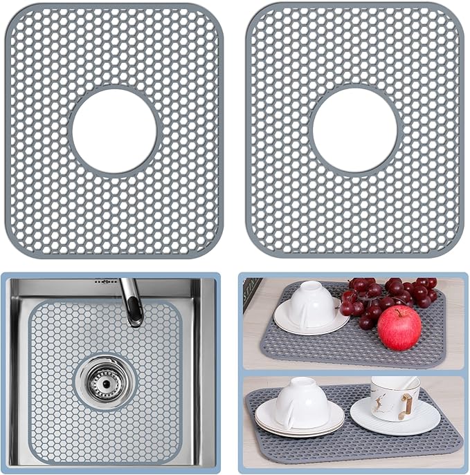 2 Pack Silicone Sink Mat, 13.58''x 11.6'' Sink Protectors for Kitchen Sink with Center Drain, Non-Slip Heat Resistant Mat Grid for Bottom of Stainless Steel Porcelain (Center Hole)