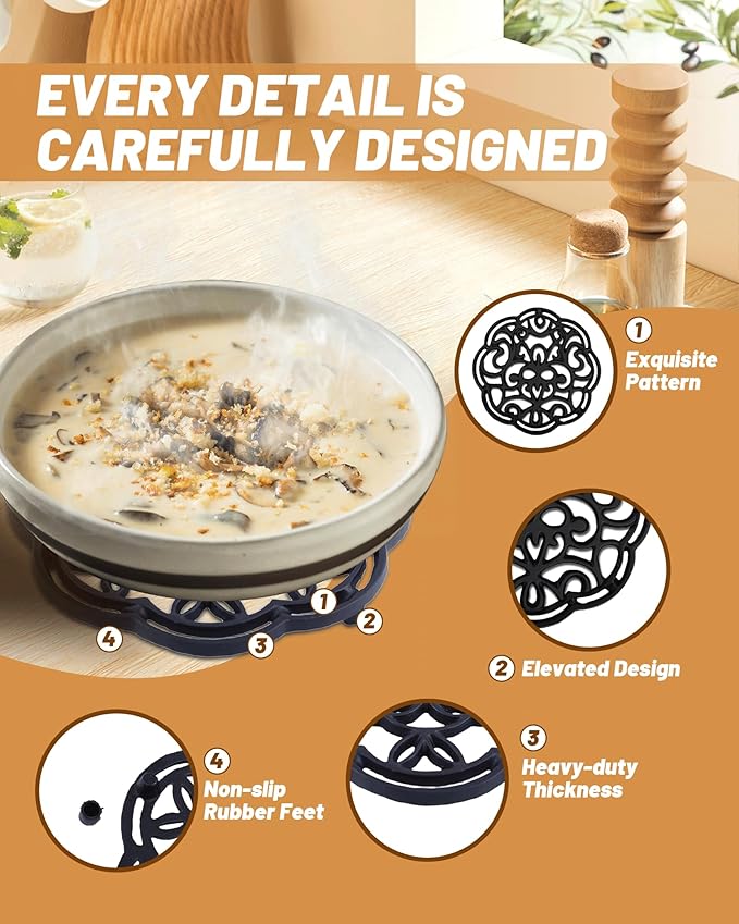 Black Floral Cast Iron Trivet 2-Pack for Kitchen & Dining - Decorative Flower Pattern Hot Dish Pads, Heat Resistant Pot Holders with Raised Design for Table, Counter & Wood Surface Protection