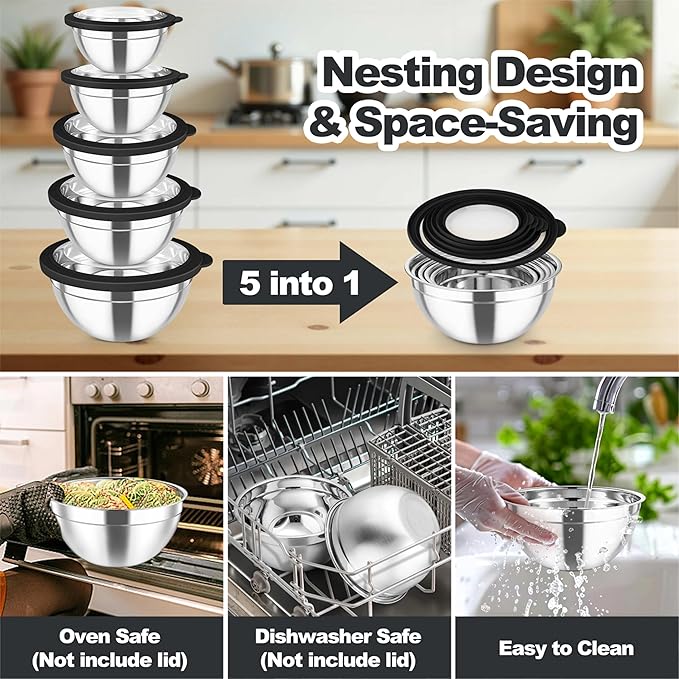 TeamFar Mixing Bowls Set, 4.5/3/1.5/1/0.7 QT Stainless Steel Nesting Salad Bowls with Airtight Lids, For Serving/Mixing/Storing, Non-Toxic & Heavy Duty, Visible & Easy Clean, Black, Set of 5