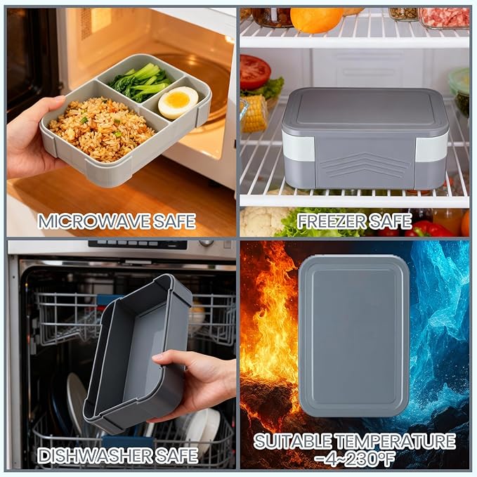 6-compartment Bento Box, 50oz Lunch Container with Utensils & Sauce Cup, Microwave & Dishwasher Safe, Leakproof Lunch Box for Adults Men Women (Gray)
