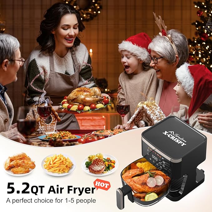 APSARAS USA Air Fryer Glass, 5.2QT Convection Oven Glass Air Fryer Non Toxic, Healthy Kitchen Bake,Grill,Steam Broil, & Roast -Includes Bowl,Broil Rack,Toasting Rack & More 97% Less Oil