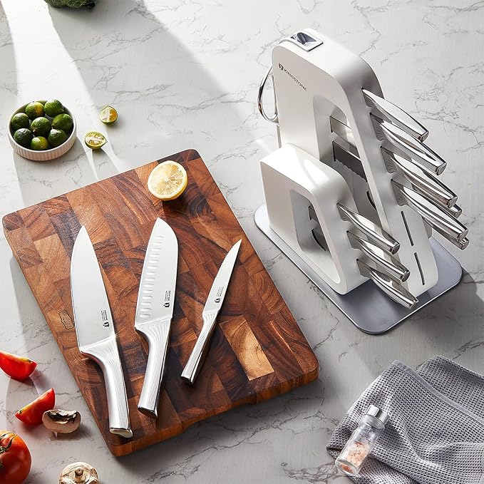 KINGSTONE Kitchen Knife Set with Block,14 Pcs German Stainless Steel Knife Set with Built-in Sharpener, Dishwasher Safe Knife Block Set (White, 14pcs)