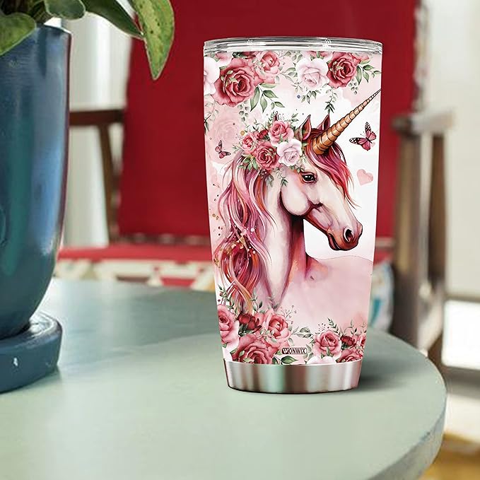 Unicorn Tumbler 20oz Cute Animal Gift for Women, Girls Who Freaking Love Unicorns Lovers Flower Perfect Birthday Christmas Valentine Wife Daughter Insulated Stainless Steel Coffee Cup with Lid
