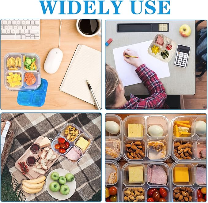 10 Pcs Multicolored Versatile Snack Boxes, 4-Compartment Lunch Containers, Reusable Food Containers with Lid for Travel, School, Work, Kids Adults