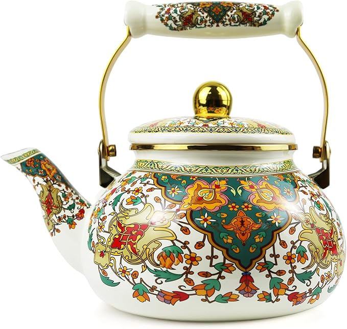 Vintage Enamel Tea Kettle with Porcelain Handle, 2.5L Stovetop Teapot - Non-Toxic, Rust-Resistant, Heat-Resistant, Hot Water Coffee Teapot for Kitchen Decor Christmas Gift