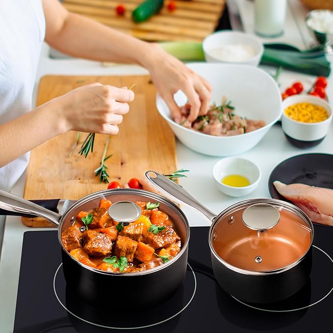 MICHELANGELO Sauce Pan Set, Ultra Nonstick Saucepan Set of 3, Ceramic Saucepans with Lids, 1 Qt & 2 Qt & 3 Qt Small Pot Set, Copper Sauce Pan with Lid