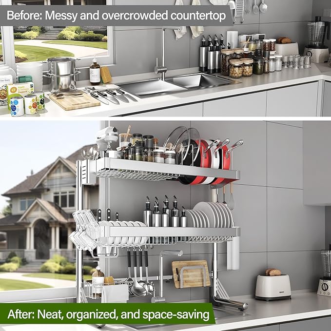 Over The Sink Dish Drainer Drying Rack 3 Tier, Full Stainless Steel Dish Drying Rack Adjustable Length 20.9''-37.4'' , Kitchen Sink Shelf, Organized Space-Saving Dish Rack with Pots and Pans Rack