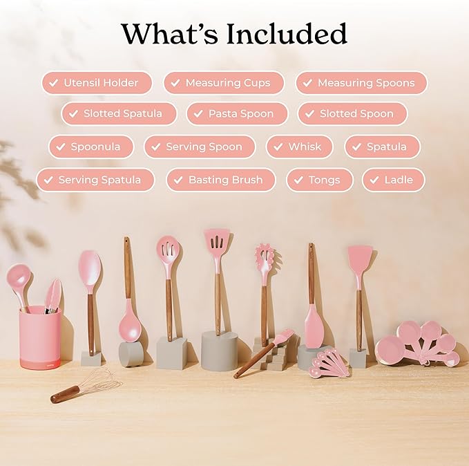 Silicone Kitchen Utensils Set & Holder: Cooking Utensils Set - Kitchen Essentials for New Home & 1st Apartment- Silicone Spatula Set, Cooking Spoons for Nonstick Cookware (Acacia Wood, Pink)