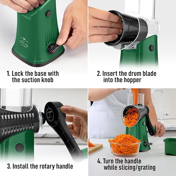 Zulay Kitchen Rotary Cheese Grater 5 Blade Cheese Shredder - Manual Hand Crank Cheese Grater With Reinforced Suction & 5 Interchangeable Drums - Easy to Use, Vegetable Chopper Round Mandoline Slicer