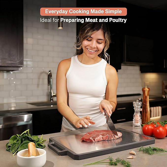 Extra-Large Cutting Board 19"x12.6" – Dual-Sided 304 Stainless Steel & Wheat Straw PP, Reversible Design with Juice Groove, Dishwasher Safe, Built-in Handle, Designed for Meat, Fruit, & Vegetable Prep