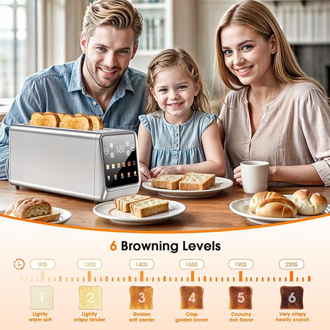 4 Slice Toaster with Smart Digital Touchscreen & 1-Touch Memory | Stainless Steel Long Extra-Wide Slot for Bagels & Artisan Bread | Single-Slice Defrost and Reheat Modes