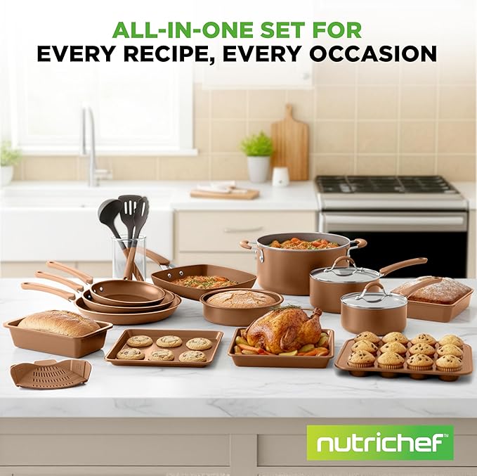 NutriChef 20-Piece Pots and Pans Set Non Stick – Induction Cookware Set, PFAS-Free Nonstick Cookware for All Cooktops, Includes Bakeware & Kitchen Utensils